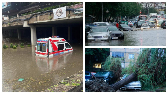 Një stuhi e fortë godet Shkupin, rrugët kthehen në lumenj, pemë të rrëzuara mbi makina